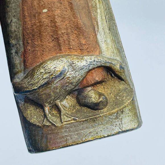 Vintage Slender Brass Bronze Metal Triangular Bud Vase Decor Woman w/ Goose - Picture 5 of 8